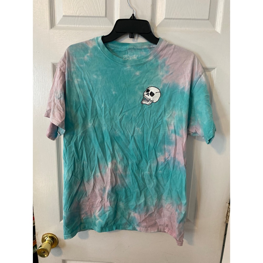 Eighty Eight Brand Mens Skull Patch Tie Dye T-Shirt Teal Pink Large